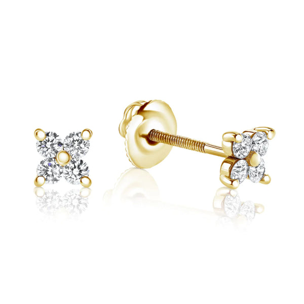 Diamond Flower Petal Stud Earrings. - Yellow gold