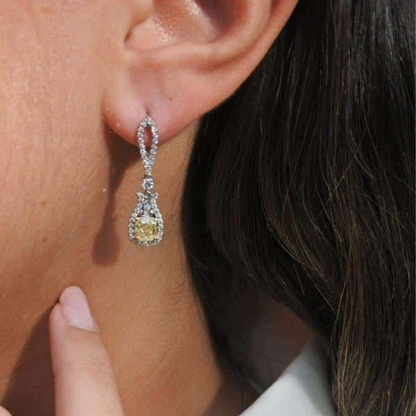 One of A Kind 2.57 Carat Fancy Yellow and White Diamond Earrings